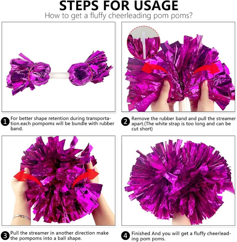 Zankubom 4 Pcs Metallic Cheerleading Pom Poms, 12Inch Cheerleader Pompoms with Baton Handle for School Team Sports Games Dance Cheer - Image 3